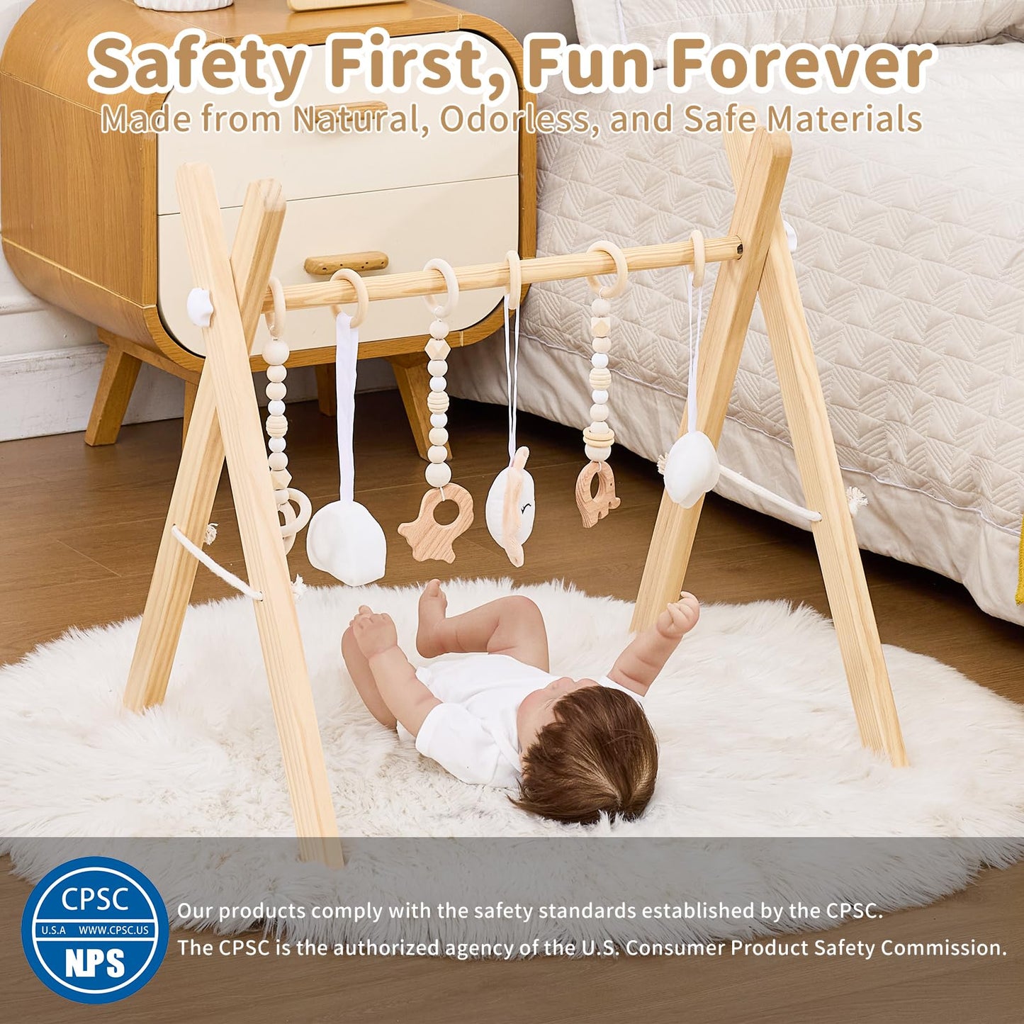 Foldable Wooden Baby Play Gym, Activity Center with 6 Sensory Hanging Toys Natural Wood Montessori Toys for Babies Indoor Gym, No-Tool Assembly Newborn for Infant Motor Development