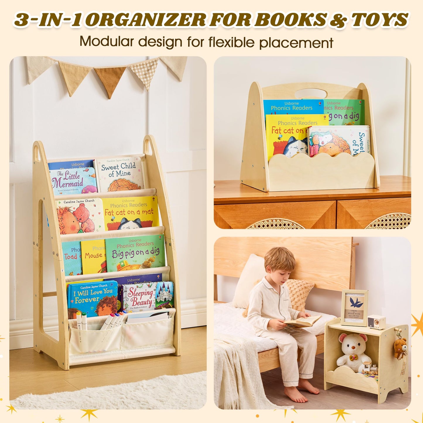 JooKiddie Kids Bookshelf and Toy Storage, 5-Tier Sling Toddler Bookshelf, 3Pcs Modular Wooden Book and Toy Storage Organizer, Children Bookcase for Kids Room Playroom Nursery