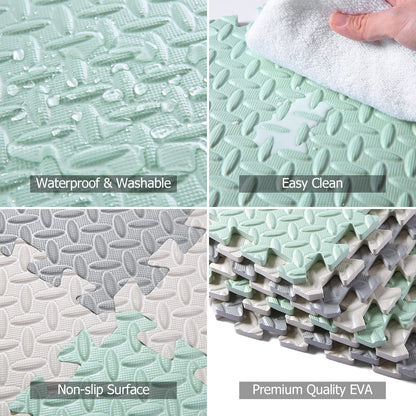 Tamiplay Foam Floor Mats for Kids, 12 x 12 Inch 16 Tiles 0.4" Thickness Foam Play Mat, Non-Toxic Square Interlocking Floor Mats Rubber Baby Play Mat for Toddlers(White/Gray/Bean Green)
