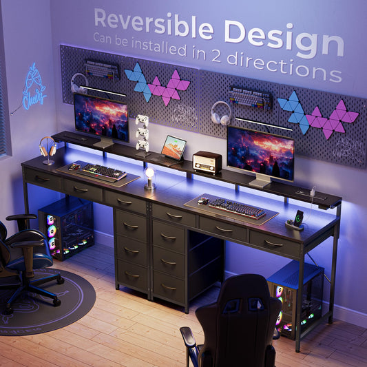 Huuger Gaming Desk with 6 Drawers, Computer Desk with LED Lights Power Outlets and Type-C, 39 Inch Office Desk with Storage, Monitor Stand, Writing Desk Work Desk Home Office, Bedroom, Study, Black