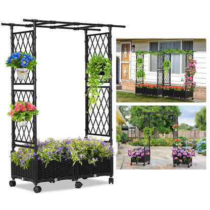 FOLLOOK Planter Box with Trellis Outdoor, 53.1in Plastic Raised Garden Bed with Trellis Hanging Roof for Vine Flower, with Lockable Wheels & Drain Plug for Patio Backyard Balcony, Black, 1 Pc