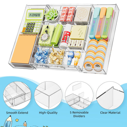 Marbrasse Expandable Desk Drawer Organizer, Clear Plastic Drawer Organizer Tray with 10 Adjustable Compartments, Desk Organizers and Accessories, 5 Drawer Dividers for Office Supplies, Makeup(Clear)