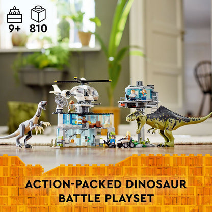 LEGO Jurassic World Giganotosaurus & Therizinosaurus Attack 76949 with 2 Dinosaur Toy Figures, ATV Car, Helicopter & Garage, Gifts for Kids, Boys and Girls