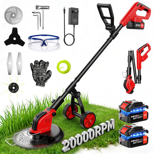 12-Inch Cordless Electric Weed Wacker, 2x3.0Ah 21V Battery Powered Weed Eater with Wheels, 800W Brushless Motor, Lawn Mower with 4 Types Blades, 20000RPM Brush Cutter Grass Trimmer for Garden Yard