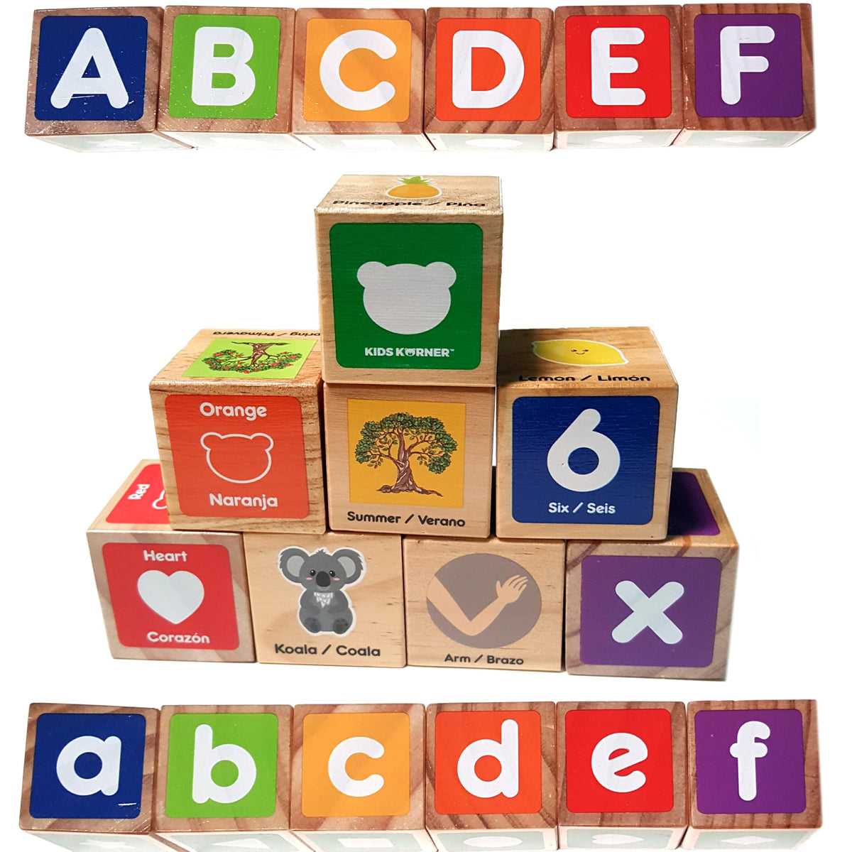 KIDS KORNER Alphabet Blocks Toys for Toddlers - Bilingual Educational Toys, Spanish Learning Toys, Stacking Toys with 30 Wooden Blocks and Toddler Learning Activities eBook