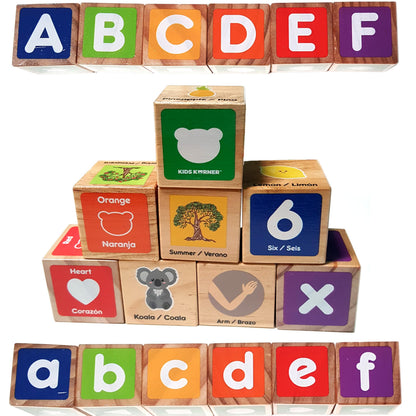 KIDS KORNER Alphabet Blocks Toys for Toddlers - Bilingual Educational Toys, Spanish Learning Toys, Stacking Toys with 30 Wooden Blocks and Toddler Learning Activities eBook