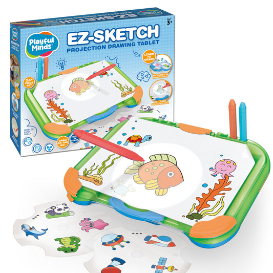Playful Minds EZ Sketch Projector Drawing Tablet, 24 Piece – Trace and Color Light Up Projection for Tracing and Sketching – Includes 64 Traceable Cartoon Characters, 6 Markers