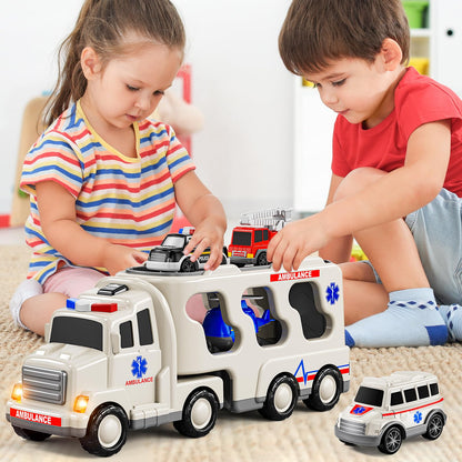 JUKUDAHU 5-in 1 Play Ambulance Toy Vehicle Toddler Truck Toys for 3 4 5 6 7 Year Old Boys - Friction Powered Cars with Light and Sound, Police Car, Fire Truck, Ambulance Car, Birthday Gifts for Kids