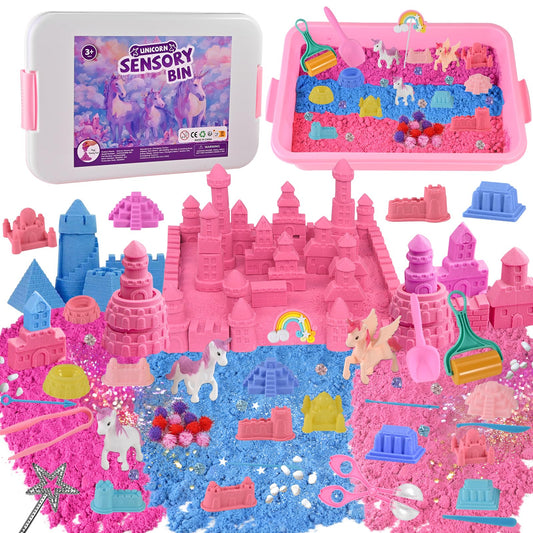 Faburo 48Pcs Unicorn Sensory Bin Sand Kit Toy for Toddler Girls with 3 Unicorns, Unicorn Toys for Girls Age 4-6, 6 Castle Molds, 2.2Lbs Color Sand, Learning Toys Birthday Gift for Kids Age 3 4 5