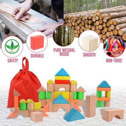 Migargle Large Wooden Building Blocks Set - Educational Preschool Learning Toys with Carrying Bag, Toddler Blocks Toys for 3+ Year Old Boy and Girl Gifts