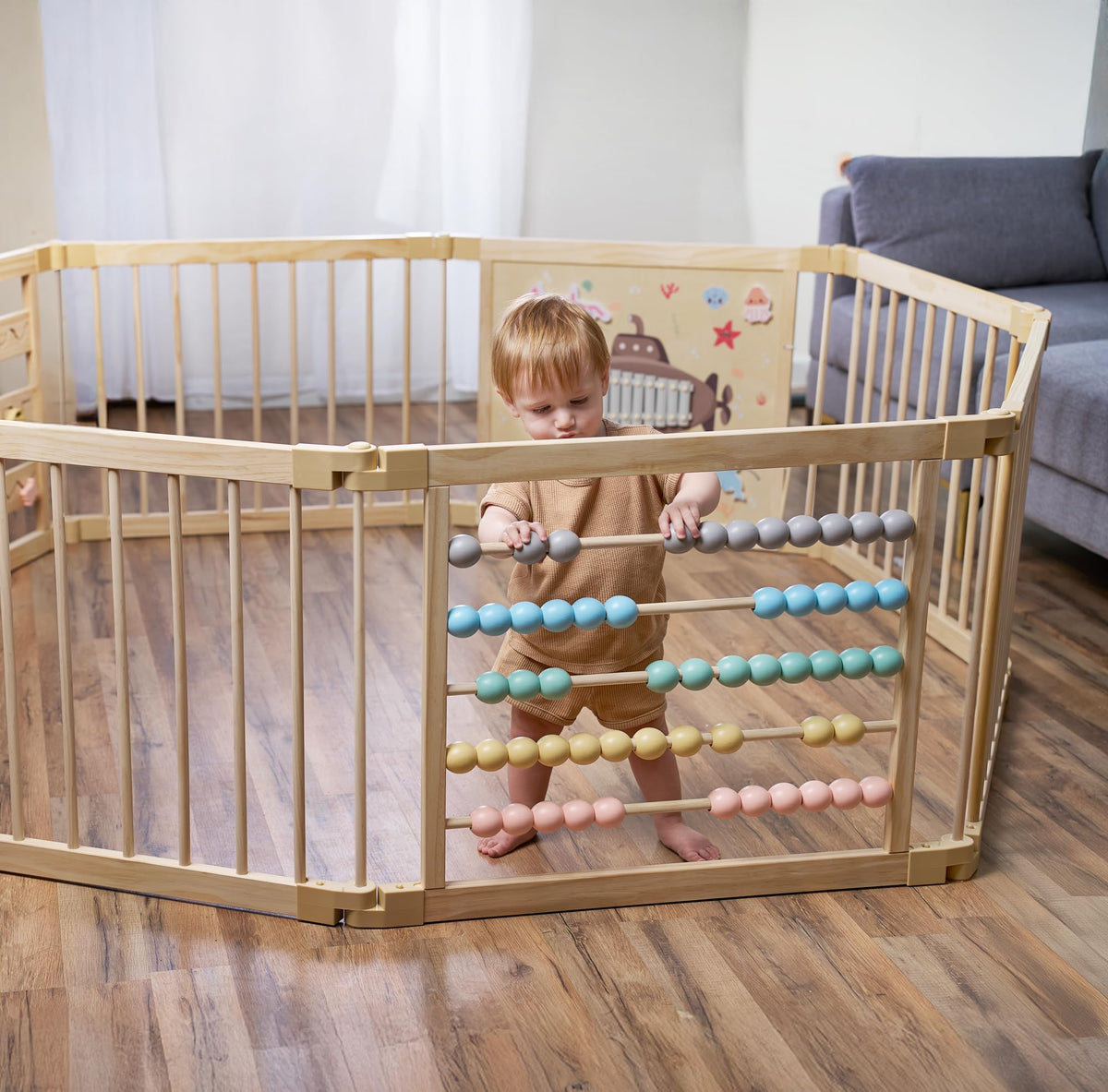 Wooden Playpen Extra Large for Toddlers and Babies - Under The Sea Theme Toy Design - (8/10) Wood Panels - Foldable and Adjustable Baby Play Yard- Extra Large Baby Playpen (10-Panels)