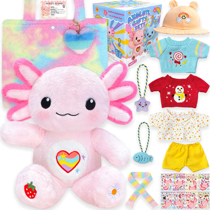 KUMANEKO Cute Axolotl Plush Gift Set with 12 Pcs Axolotl Stuffed Animal Clothes & Accessories, 13-Inch Axolotl Toy, 5/6/7/8/9/10-12 Year Old Girl Birthday Gift