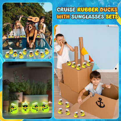Simgoing 24 Pcs Glow in The Dark Cruise Duck Bulk with Sunglasses for Cruise Ship Tiny Rubber Sailing Ducks Squeaky Nautical Bath Floating Toy for Birthday Party Baby Shower Prize Carnival Gift