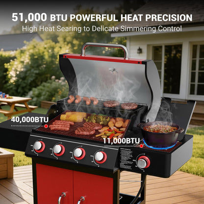 HUGROVE 4 Burner Propane Gas Grill with Side Burner, 601 Sq. In. Cooking Area with Warming Rack 51,000 BTU BBQ Grill with Porcelain-Enameled Cast Iron Grates for Outdoor Cooking