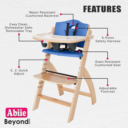 Abiie Beyond Junior Wooden High Chair for Babies and Toddlers - Convertible 3-in-1 Baby Highchair with Removable Tray - 6 Months to 250 Lb - Water Resistant - Natural Wood/Blueberry Cushion