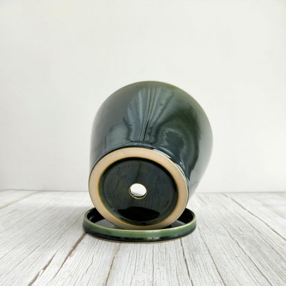 Wavy Studio Glazed Gradient Color Ceramic Planter with Drainage Hole & Saucer for Indoor Tropical Plants, Green Reactive Glaze Plant Pot (Emerald Green, 8")