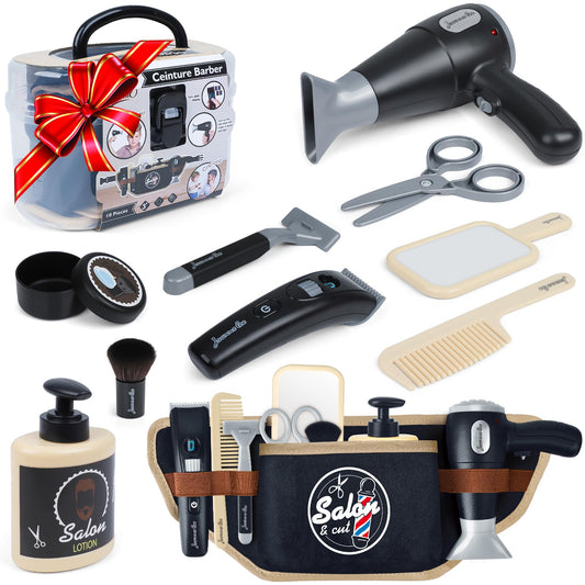 Kids Barber Shop Toy Set with Tool Belt, Realistic Haircut Kit for Boys 3+ with Light & Sound Dryer, Pretend Play Shaving Kit with Storage Box, Professional Stylist Role Play Gift, 10+ Pcs