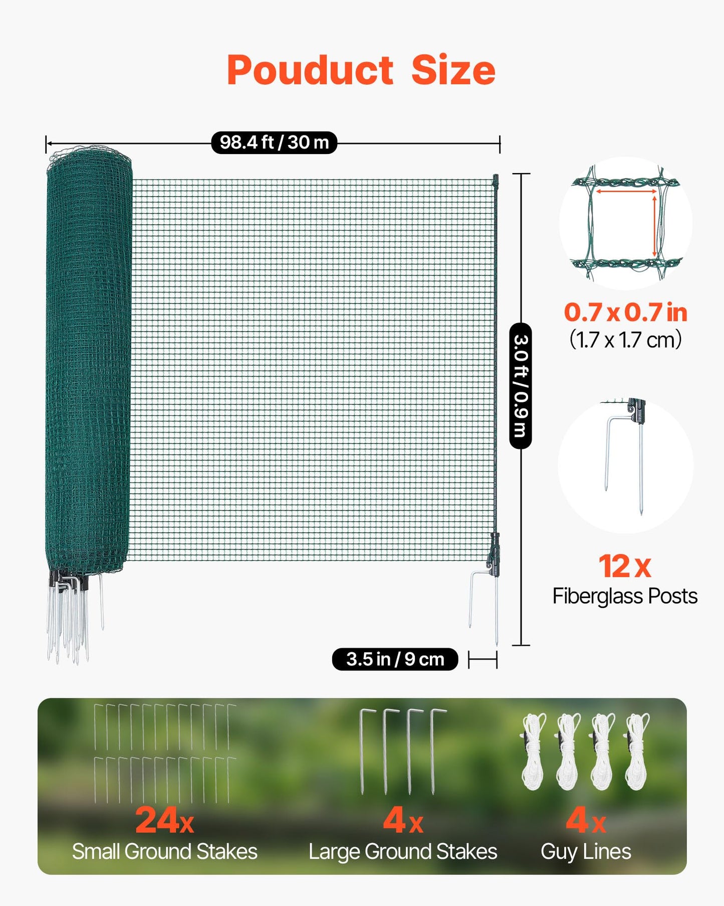VEVOR Temporary Fence with Posts, 3 x 98.4 FT Plastic Mesh Fencing, Garden Safety Fences Netting with Double-Spike Stakes & Guy Ropes, Temporary Fence for Dogs, Chickens, Plants, Outdoor Yards