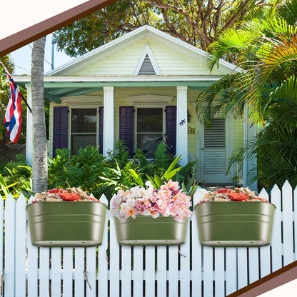 Hicarer 4 Pcs Metal Hanging Flower Pots for Railing Fence, 10.6 Inch Hanging Rail Planters for Outdoor Window Balcony Plants Holder with Hooks for Garden Yard Home Decor (Green)