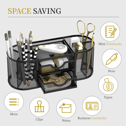 SUPEASY Mesh Desk Organizer, Desk Organizers and Accessories, Pen Holder with Drawers, Pencil Holder for Desk with 2 Drawer for Office Supplies, Black