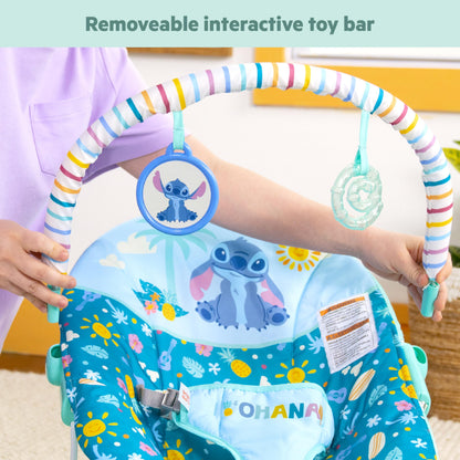 Bright Starts Disney Stitch Ohana Paradise Vibrating Baby Bouncer, Soothing Vibrations Infant Seat with 2 Sensory Toys, 0-6 Months