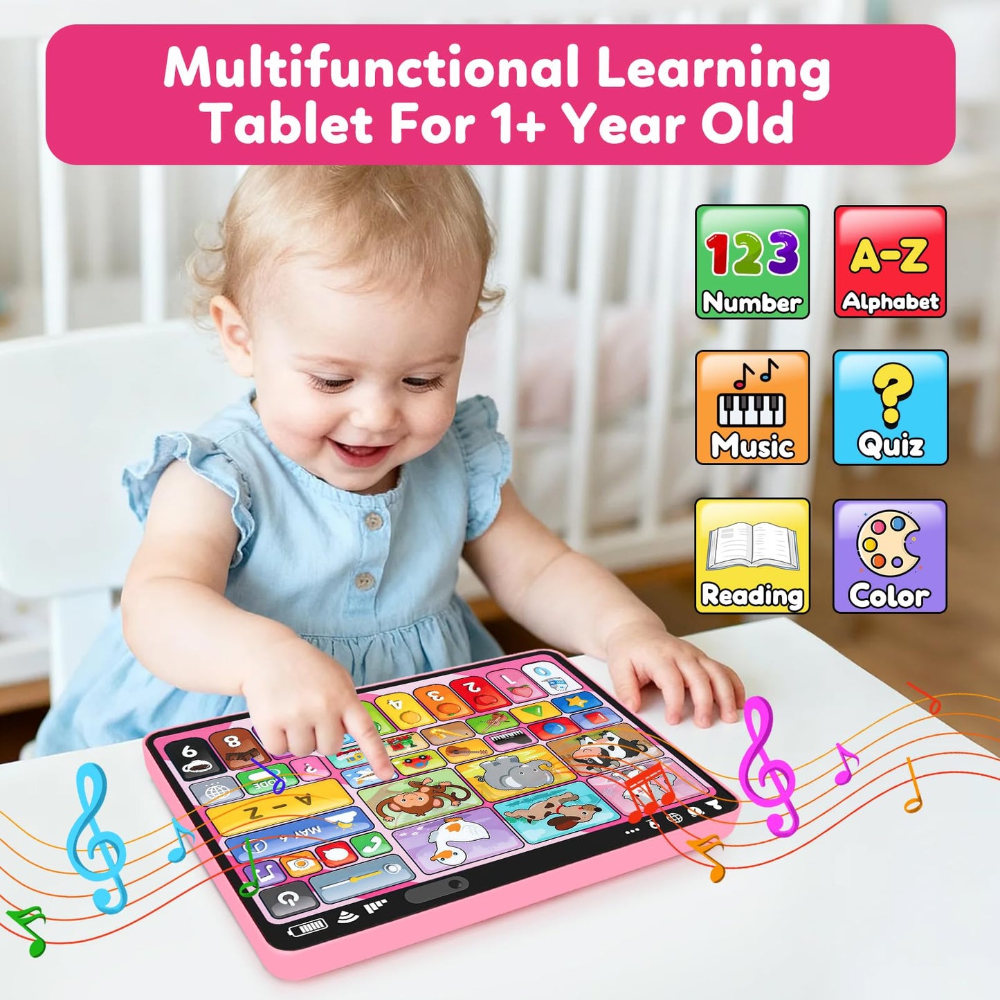Trilingual Learning Toy Tablet with Music & Sound, Montessori Speech Therapy Toys for 1 Year Old Girl Boy Musical Baby Toy 12-18 Months Toddler Girl Toys Age 1-2 2-3 Birthday Gifts (Pink)