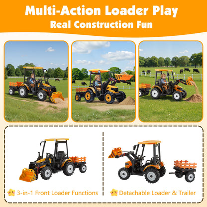 Albott 24V Ride on Tractor for Kids with Trailer & Front Loader, 3-in-1 Electric Construction Vehicle, Dual Motors, All-Terrain Wheels, LED Lights, Outdoor Gift for Boys Girls Ages 3-8 (Yellow)