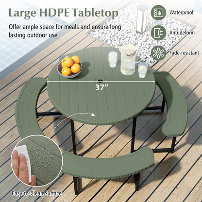 Giantex Picnic Table Bench Set for 4-8 Person, Round 37” Outdoor Dining Table w/Umbrella Hole, HDPE Tabletop, Metal Frame, Patio Furniture Set for Backyard Porch Lawn, 1400lb Capacity (Green,Round)