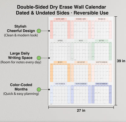 Dry Erase Wall Planner (27×39 in) – Double-Sided Reusable Yearly Planner with Undated Planning Board & 2026 Calendar Reference, Large Laminated Write & Wipe Wall Calendar for Home, Office, Classroom