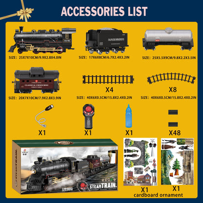 Electric Remote Control Train Set Christmas Trains Steam Locomotive, Cargo Car & Tracks, Rechargeable Train Toys for Kids w/3 Smoke,Whistle & Lights, Christmas Birthday Gift for Boys Girls 3 4 5 6 7