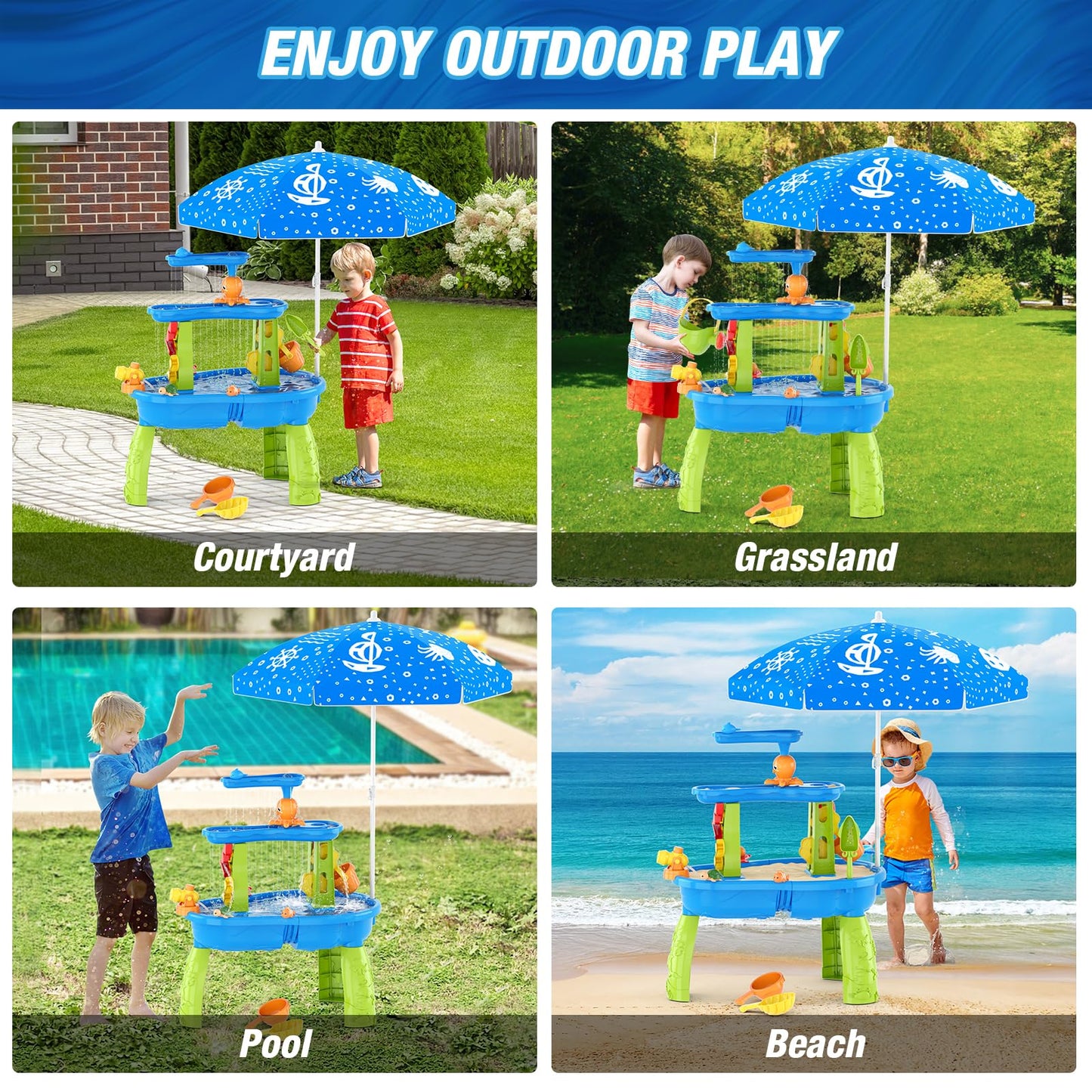 HYES Water Table for Toddlers 3-5, 3-Tier Kids Splash Sand Table Water Toys with Umbrella, Rain Showers Splash Pond for Outdoor Beach Backyard Summer, Activity Sensory Playset for Boys Girls, Blue