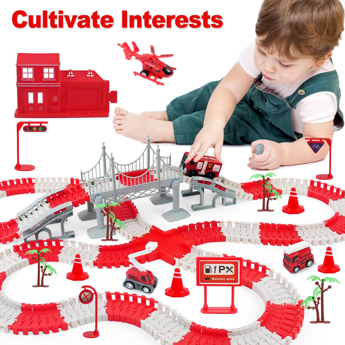BEMITON Race Track Playset for Kids - Flexible DIY Car Track Toy, Educational Birthday Gift for Boys Ages 3 4 5 6 7, 330+ PCS Building Kit with Fire Trucks
