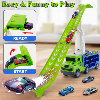 Kids Toys for 3 4 5 6 7 8 Years Old Boys, Carrier Truck Transport Car Toys, Foldable 2 Layer Car Race Track Playset with 25-in Race Track, 6 Metal Toy Cars, Birthday Toy Gift for Toddler Boys Girls
