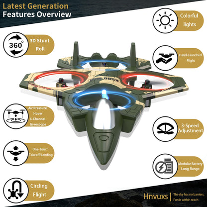 Hnvuxs Fighter Mini RC Airplane for Kids and Beginners - Hand Launch Stunt Drone with Auto Hover, 3D Flips, Easy Joystick Control, 3 Speeds, Propeller Guards, Indoor Outdoor Toy Gift