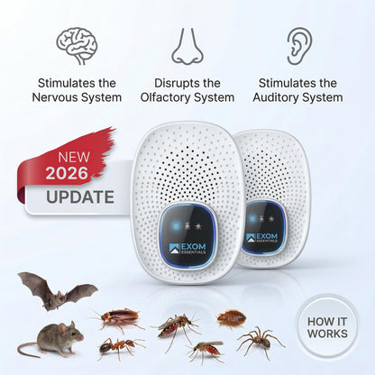 Exom Essentials GRX-25 Ultrasonic Pest Control 6-Pack: Indoor Plug-in Mice, Rodent, Squirrel, Insect Repellent & Roach, Ant, Spider,Bats, Bed Bug, Squirrel, Flea and Mouse Trap Alternative for Home