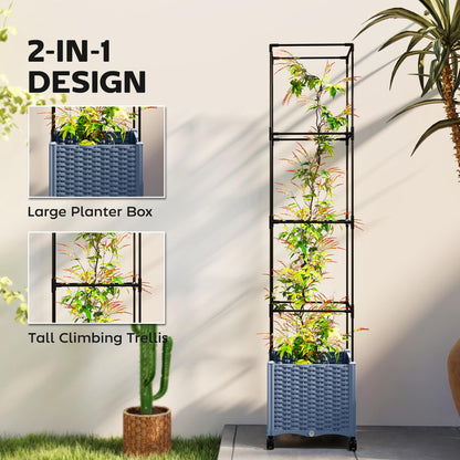 Outsunny Raised Garden Bed with Trellis, 71.7" Tomato Cage with Lockable Wheels, Self Watering Outdoor Planter Box with Drainage Holes and Plugs for Climbing Plants, Vines, Vegetables, Flowers, Gray