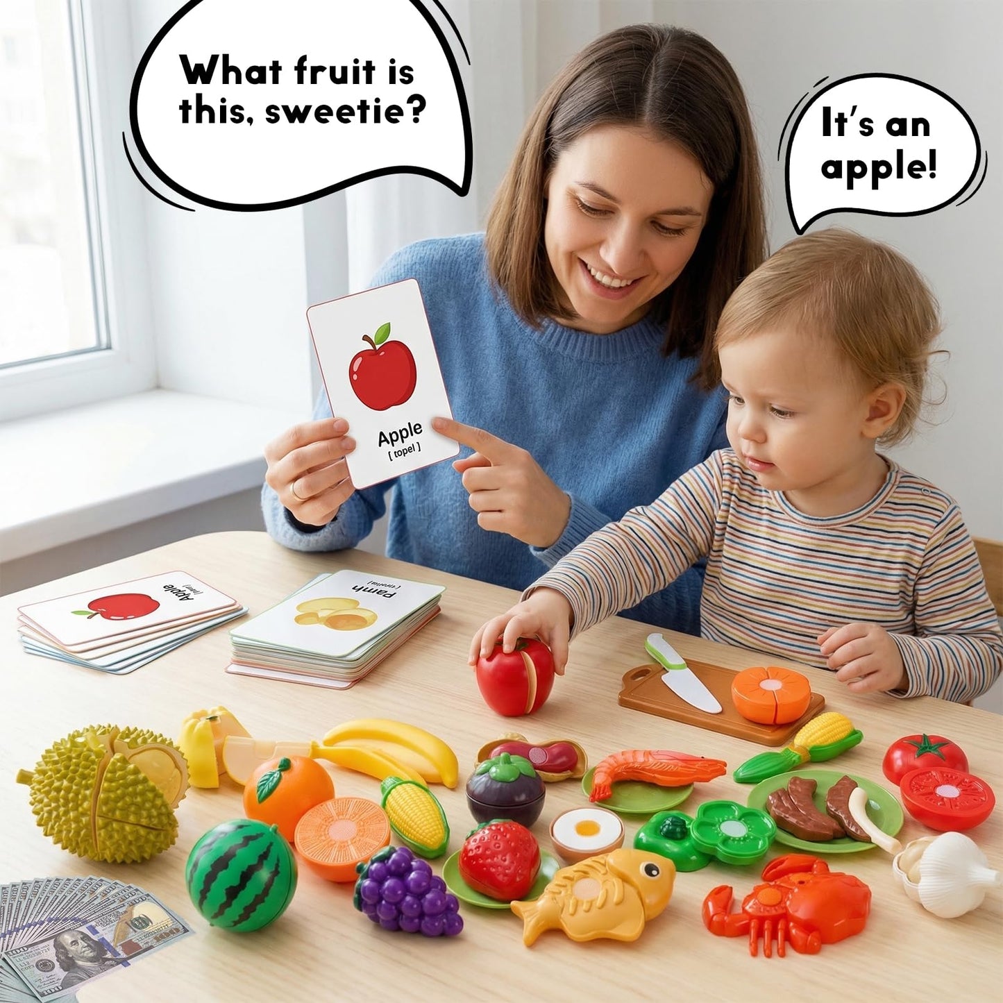 Cutting Play Food Toys, 200 Pieces Pretend Play Kitchen Accessories, Fake Fruits/Vegetables Cards, Play Money, 2 Shopping Storage Baskets, Birthday Gift, Educational Toy for Toddler Children