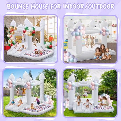 FINCOME White Bounce House, Inflatable Bounce Castle with Double Slide Ball Pit 370W Blower Bouncer for Toddler, Bounce House Bouncy Castle for Indoor Outdoor Backyard Wedding Kids Birthday Party