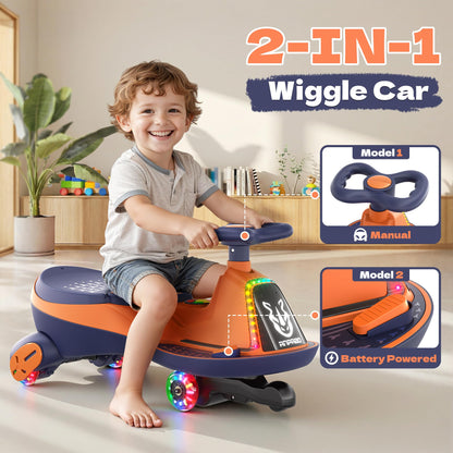 ANPABO 12V Electric Wiggle Car with Pedals, 2 Seater, 2x75W Motor, Music & Bluetooth, Ride On Toy for Kids Ages 3+, 170 Lbs, Orange