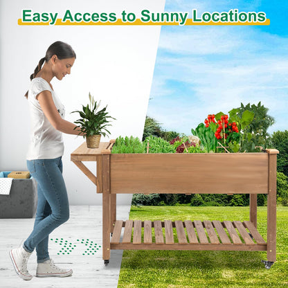 Gowoodhut Raised Garden Bed with Wheels, Wood Elevated Garden Box with W-Connection Tabs，for Vegetable, Flower, Herb, Large Storage Shelf, Easy to Assemble, 55.5x24x32in