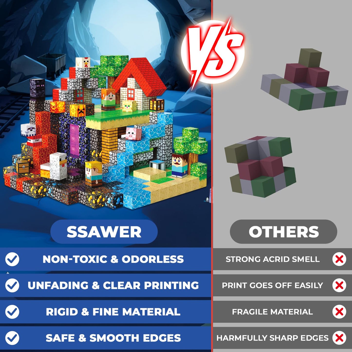 SSAWER Magnetic Blocks, 400PCS Magnetic Building Blocks, Stacking Magnets for Kids, Sensory Toy for STEM Constructions Magnet Blocks for Boys Girls Age 3+, Christmas Birthday Gifts