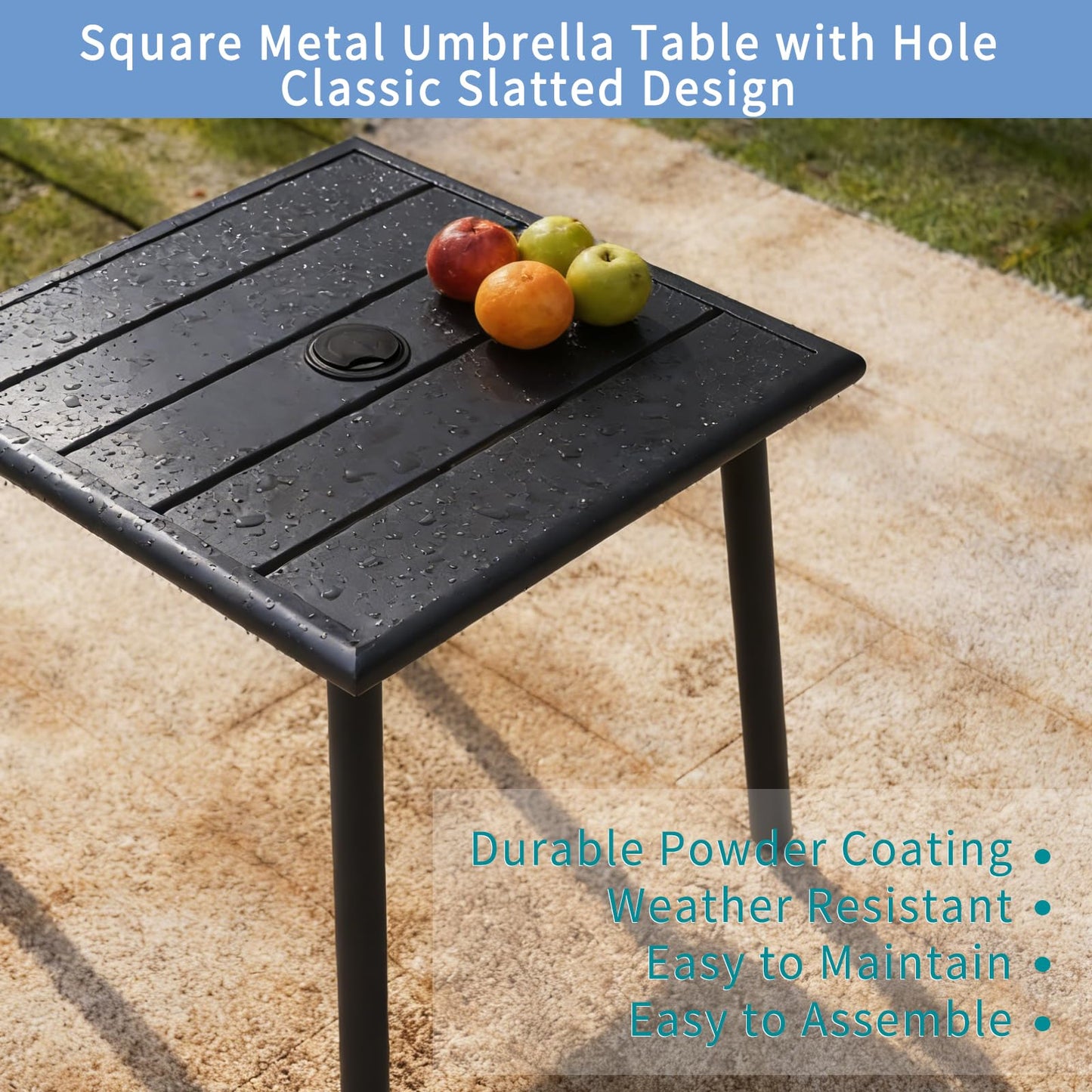 UFavo Home Small Metal Outdoor Side Table with Umbrella Hole Set of 2, Sqaure Patio Coffee Bistro Table End Table, Umbrella Table with Hole for Poolside Yard Porch Deck Balcony,19.7x19.7 inches, Black