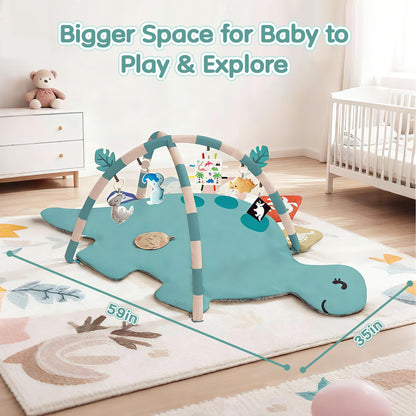 Baby Tummy Time Mat, Oversize Dinosaur Shaped Baby Play Gym Mat with 6 Toys, Play Mat for Babies 0-6-12 Months Promotes Motor Skills & Sensory Development, Newborn Essentials Infant Shower Gift
