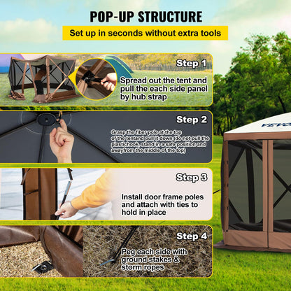 VEVOR 12 * 12ft 6 Sided Pop-up Canopy Shelter Tent with Mesh Windows, Portable Carry Bag, Stakes, Large Shade Tents for Outdoor Camping, Lawn and Backyard, Brown/Beige