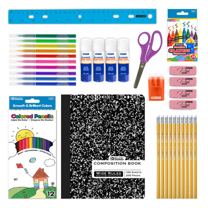 BAZIC Products School Kit Pack 60 Count, School Supply Box for Elementary Student K-6, Ruler Composition Book Pencil Eraser Crayon, 1-Pack