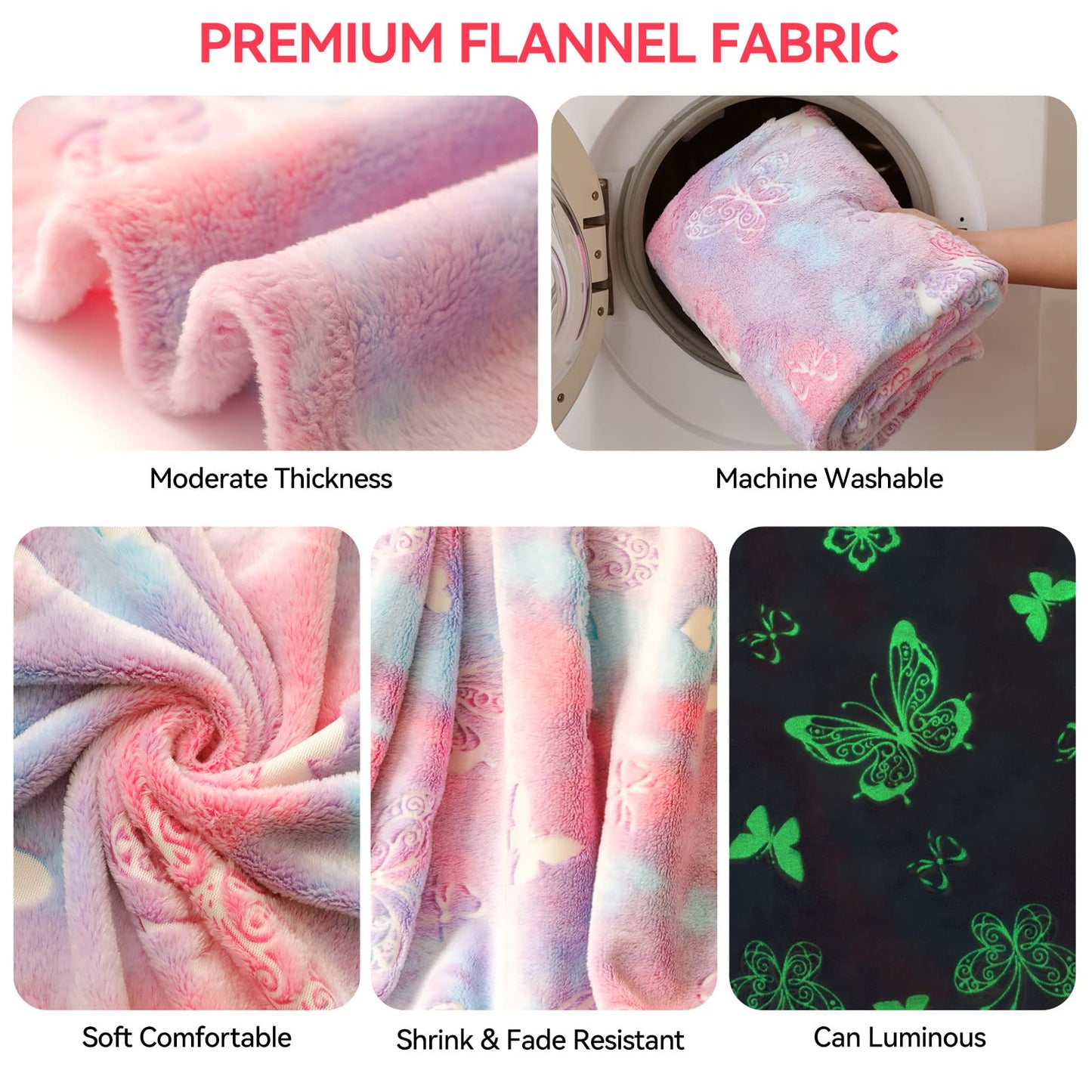 Anowpo Glow in The Dark Blanket Butterfly Gifts for Girls, Soft Blanket 3 4 5 6 7 8 9 10 11 12 Year Old Girl Gifts, Toddler Girls Toys Age 6-8,Grandkids Teens for Christmas Birthday Gifts, 50x60