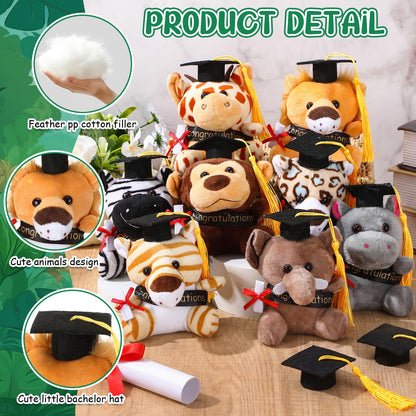 24 Pcs Mini Graduation Stuffed Forest Animals Bulk Congrats Grad Jungle Animal 4.8 Inch Lovely Toys Lion Tiger Elephant Giraffe Plush for 2026 Graduation Party Favor Decoration Classroom Exchange Gift