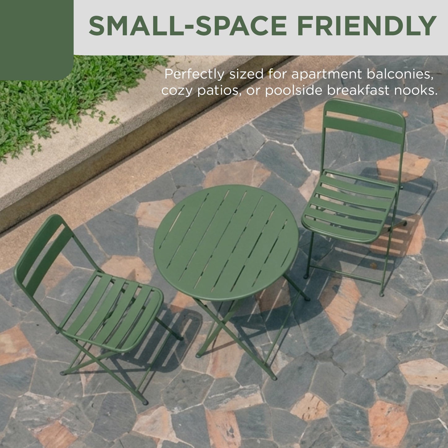 Alpine Corporation VTFAM168A-GN 3-Piece Green Metal Folding Bistro Set – 20" Round Patio Table with 2 Folding Chairs – Portable Indoor/Outdoor Balcony & Garden Furniture Set