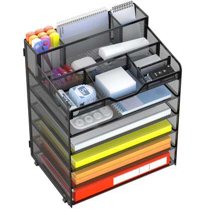 Docnest 6 Tier Mesh Desk Organizer for Paper Office Supplies – Multi-Functional Letter Tray with 5 Adjustable Compartments, 3 Pen Holders, Desktop Storage for Files, Mail, Stationery – Black