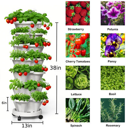 Lykvrii 7 Tiered Strawberry Planters 2 Pack, Vertical Stackable Planter, Herb Stacking Tower Garden, Flower and Vegetable Planters with Support Pole Indoor & Outdoor with Removable Wheels - White